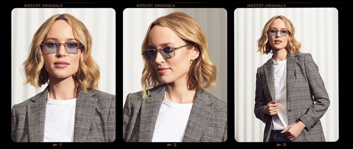 Model is wearing The SHINDIG SUN in Burnt Rose in size 50 with Bel Air Blue Tinted Lenses