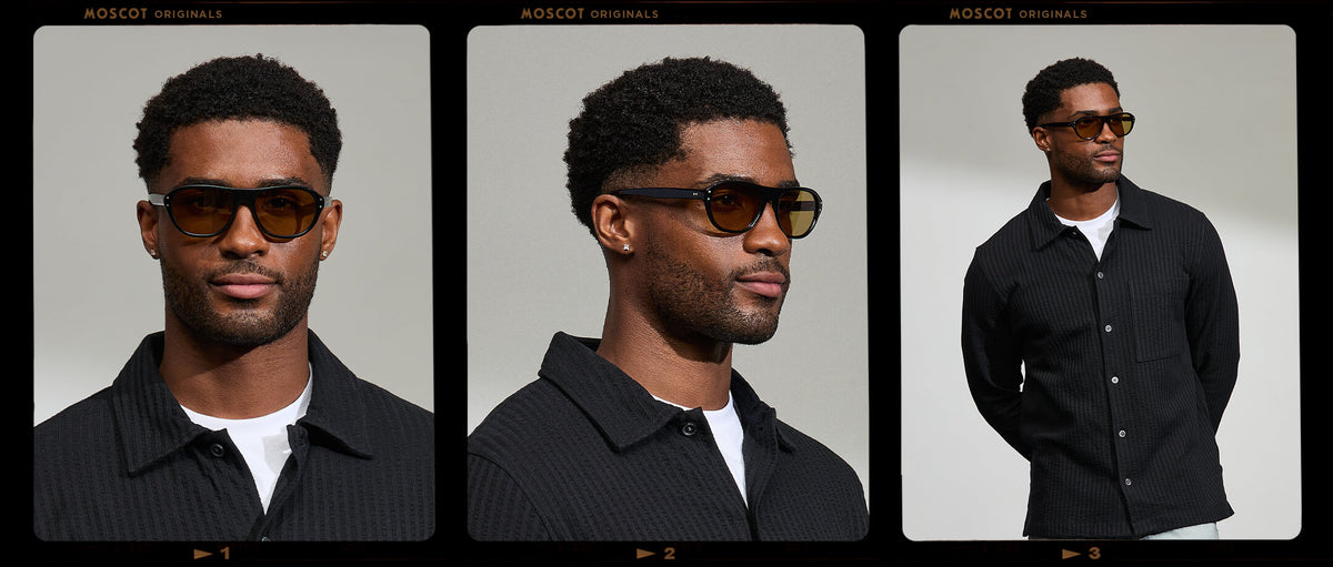 Model is wearing The AVRAM in size 54 in Black with Amber Tinted Lenses