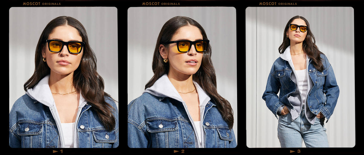 Model is wearing The RIZIK in Black in size 49 with Mellow Yellow Tinted Lenses