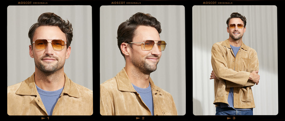 Model is wearing The MINGLE SUN in Gold in size 57 with Chestnut Fade Lenses