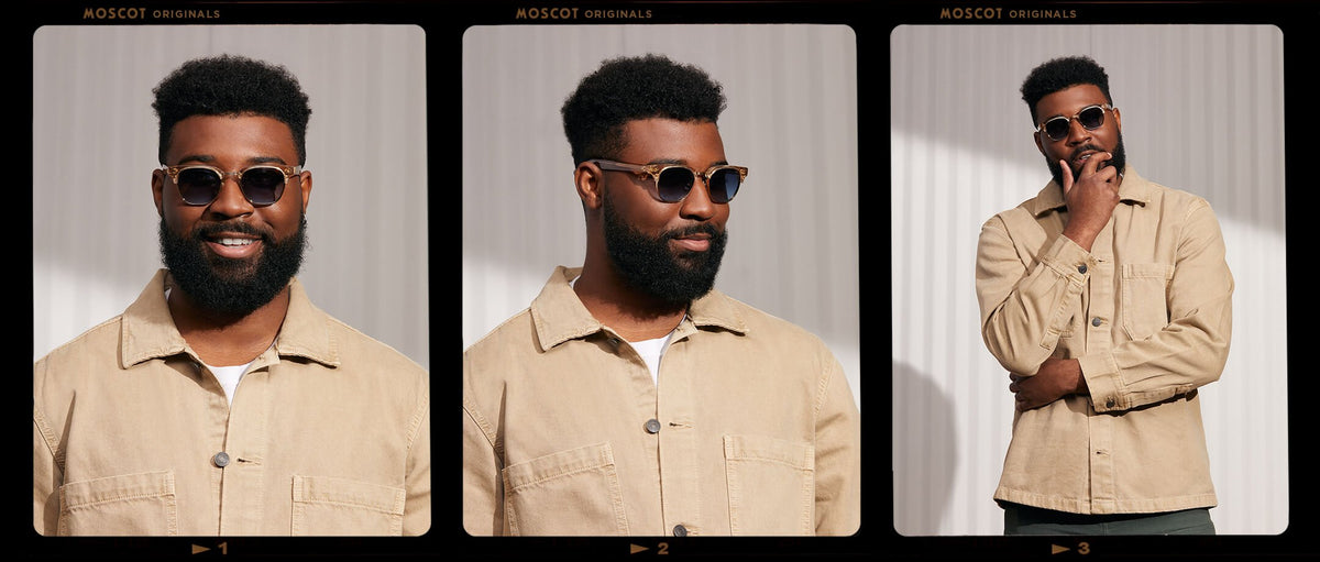 Model is wearing The TINIF SUN in Cinnamon/Gold in size 48 with Denim Blue Tinted Lenses