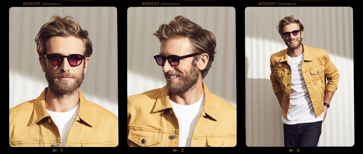 Model is wearing The LEMTOSH in Tortoise in size 46 with Westside Sunset Tinted Lenses