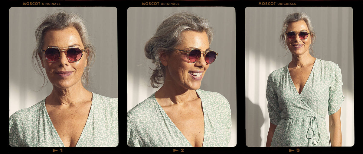 Model is wearing The CLIPZEN in Gold in size 46 with Westside Sunset Tinted Lenses