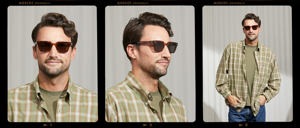 Model is wearing The GROBER SUN in Tobacco in size 48 with G-15 Lenses
